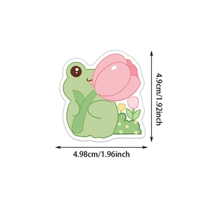 Détail d'un autocollant grenouille mignonne avec tulipe et dimensions précises en pouces