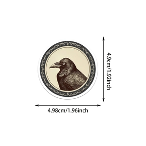 Macro detail of gothic raven sticker with vintage sketch style and size measurements