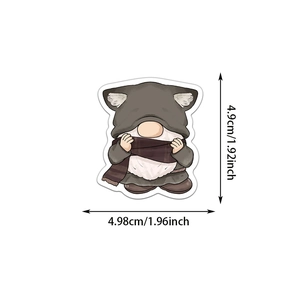 Detailed dimensions of a cartoon gnome sticker with grey hood and striped scarf