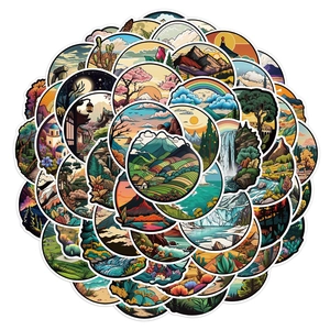 Detailed view of various waterproof landscape stickers with mountain and sunset designs