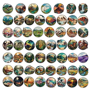 Set of 49 waterproof vinyl stickers featuring colorful world landmarks and nature scenery