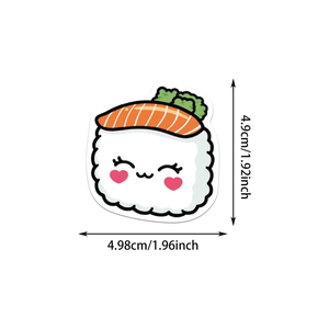 Détail d'un autocollant sushi au saumon de 4,9 cm avec un visage kawaii mignon