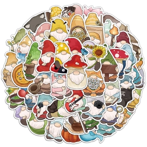Assorted colorful garden gnome cartoon stickers showing various activities for kids