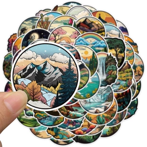 Waterproof round vinyl stickers with assorted outdoor nature landscape illustrations