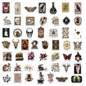 Set of 50 vintage gothic stickers featuring skulls, ravens, and moths for scrapbooking