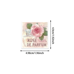 Detailed view of vintage rose and perfume sticker with 4.9cm square dimensions