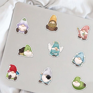 Waterproof cartoon gnome stickers for laptop with colorful macaron designs and white borders