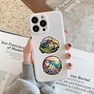 White phone case with dual circular landscape illustrations and full camera protection