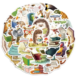Collection of hand-drawn animal stickers featuring hedgehog and elephant reading books