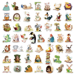 Collection of 50 hand-drawn cartoon animal bookish stickers for luggage decoration