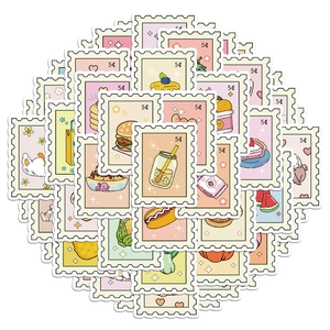 Macro view of vintage style post stamp stickers featuring cute food and animal patterns