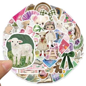Vintage cartoon art stickers set with sheep and teddy bear designs for DIY decor