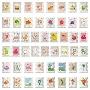 54Pcs vintage postal stamp stickers featuring cute animals plants and food for DIY decor