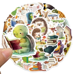 Set of 50 watercolor animal reading stickers featuring a cute koala and hedgehog
