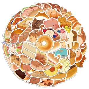 Collection of 50 cute cat-shaped bread and dessert stickers with a warm bakery theme