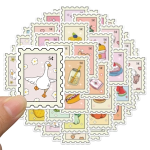 Set of 50 cute postal stamp stickers with animal and botanical illustrations for DIY crafts