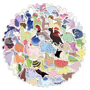 Close-up of cute cartoon dinosaur stickers with colorful clothing and creative designs