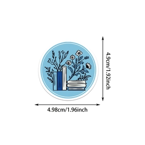 Detailed size chart for a circular bookish sticker featuring blue floral patterns