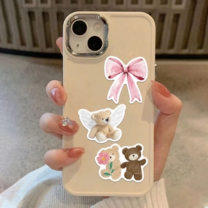 Detail of cream smartphone case featuring watercolor bear and pink bow art stickers