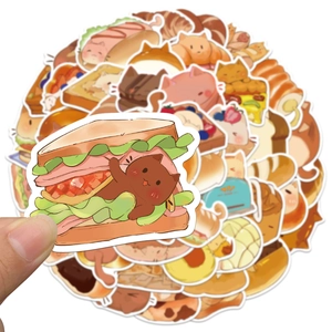 50 pieces of cute hand-drawn cartoon cat and food stickers for DIY scrapbooking decor