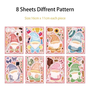 Detail showing 8 sheets of cartoon gnome DIY stickers with garden tools and floral themes