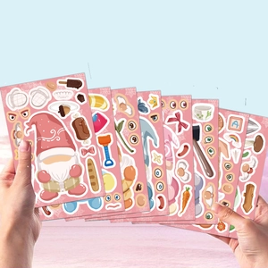 Close-up of DIY cartoon gnome stickers set with pink base and creative accessories