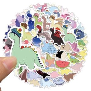 Stack of colorful cartoon dinosaur stickers featuring cute outfits for kids reward