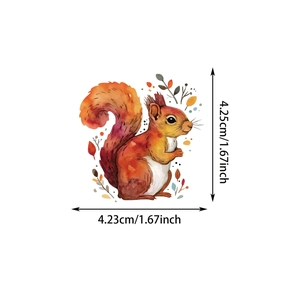 Detail showing dimensions of a watercolor squirrel sticker measuring 1.67 x 1.67 inches