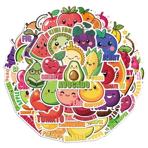 Detailed view of waterproof PVC fruit and vegetable stickers with cute cartoon faces