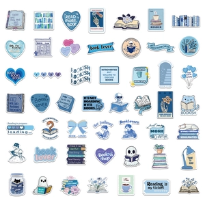 50pcs blue bookish waterproof vinyl stickers for water bottles and laptops set