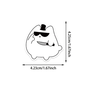 Detail showing cartoon black and white cat sticker with knife and hat dimensions