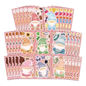 Close-up of DIY garden gnome stickers with various outfits and gardening accessories