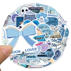 50pcs blue bookish stickers for reading lovers, waterproof PVC decals for laptops