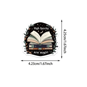 Detailed size view of cartoon book sticker with High Spirits are magic quote text