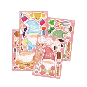 Detail showing four DIY cartoon gnome sticker sheets with various mix and match accessories