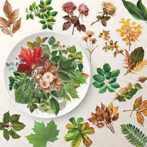 Detailed flat lay of waterproof PET plant stickers with botanical leaves on marble