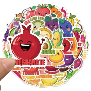 Pack of 50 cartoon fruit and vegetable stickers with English names and cute faces