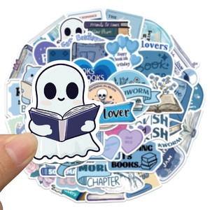Close-up of a blue bookish ghost sticker with assorted waterproof vinyl decals