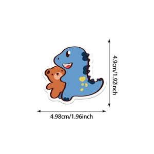 Detailed view showing a cute blue dinosaur hugging a bear sticker with size dimensions