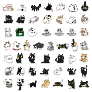 50 pieces of waterproof PVC stickers featuring cute cartoon cats with funny knives for DIY