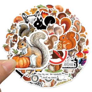 Close-up showing a waterproof squirrel sticker with cute forest animal designs