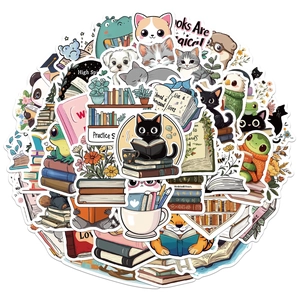 Close-up of cute cartoon animal stickers featuring cats and dogs reading books for journals