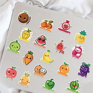 50-piece set of waterproof cartoon fruit and vegetable stickers on a laptop surface