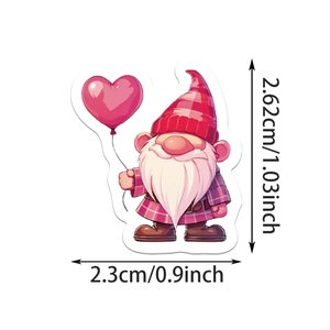 Detail view of a cute cartoon gnome sticker with heart balloon and precise dimensions