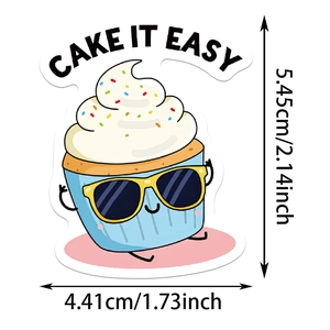 Detailed dimension guide for cute cupcake sticker with Cake It Easy text and sunglasses