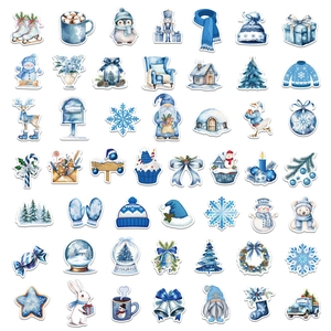 Lot de 50 stickers d'hiver bleus avec motifs de Noël à l'aquarelle pour décoration
