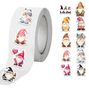 Roll of 50 cute cartoon gnome stickers with colorful hearts and seasonal patterns