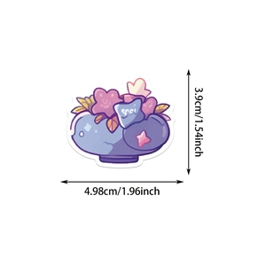 Detail showing cartoon blue bowl flower sticker dimensions 3.9cm by 4.98cm