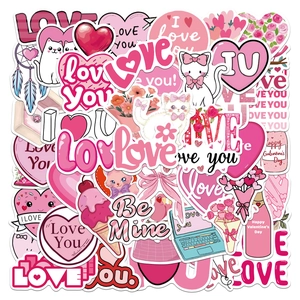 Valentine's Day Cartoon Stickers Pink Heart Cat Waterproof PVC Decals For Laptop Phone Case Luggage Scrapbooking Decoration