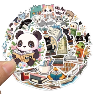 50 pieces of waterproof cartoon animal stickers featuring cats and pandas reading books